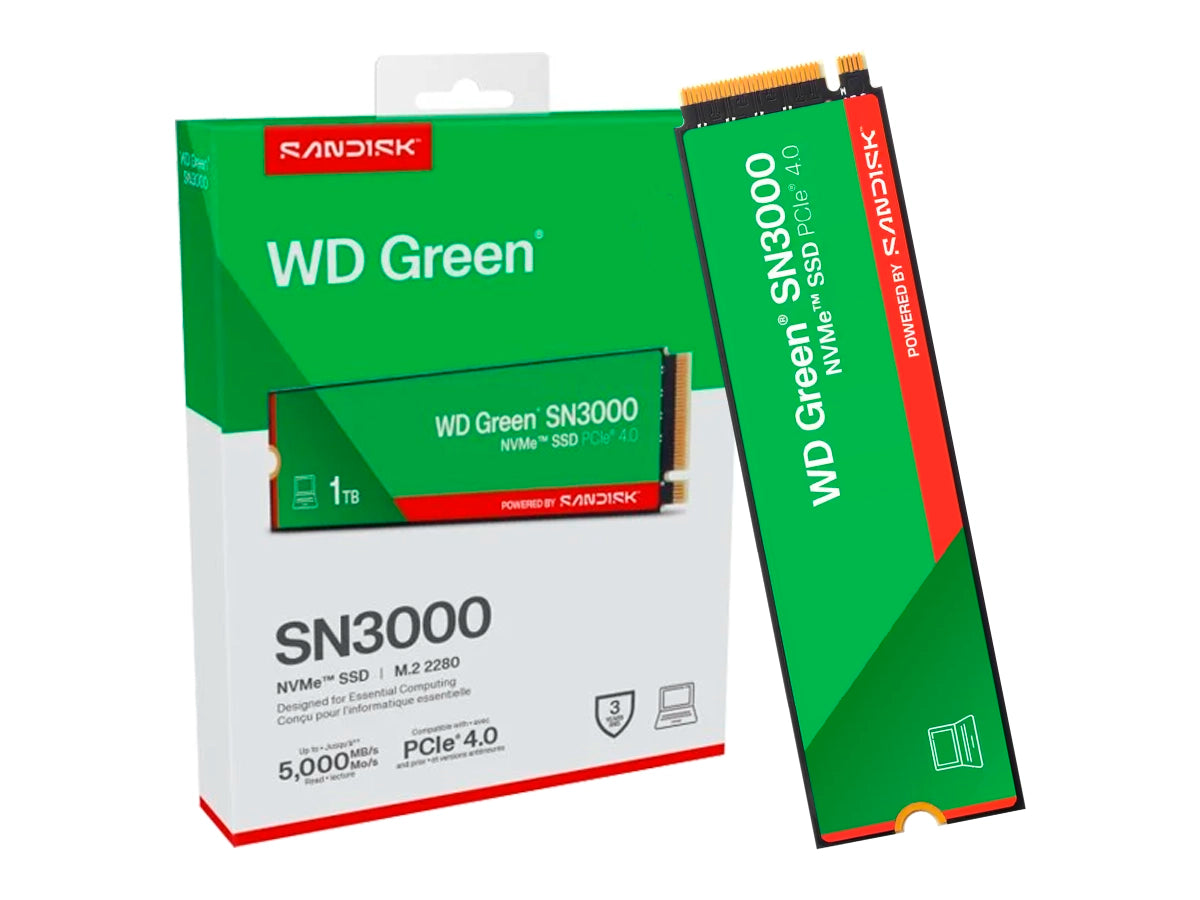 UNIDAD DE ALMACENAMIENTO SSD M.2 PCIE SANDISK WD GREEN SN3000 500GB NVME, 2280 (WDS500G4G0E-00CPS0) HASTA 5000MB/S DE LECTURA