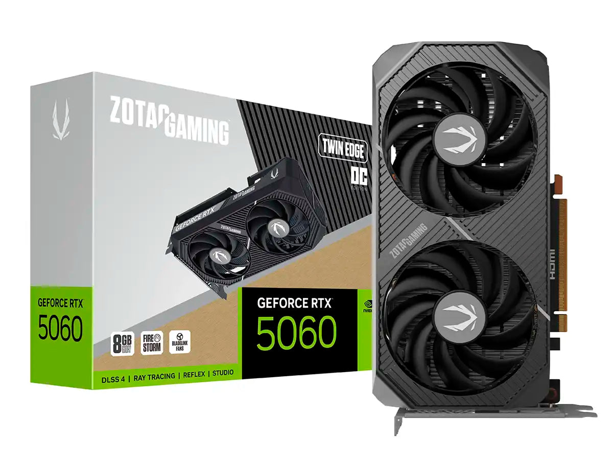 TARJETA DE VIDEO ZOTAC GEFORCE RTX 5060 8GB TWIN EDGE OC GDDR7 (ZT-B50600H-10M) NVIDIA 128 BITS, 2 VENTILADORES