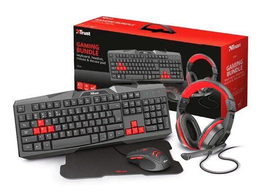 COMBO 4 EN UNO TRUST ZIVA GAMING TECLADO+ AURICULAR+MOUSE + MOUSEPAD, NEGRO