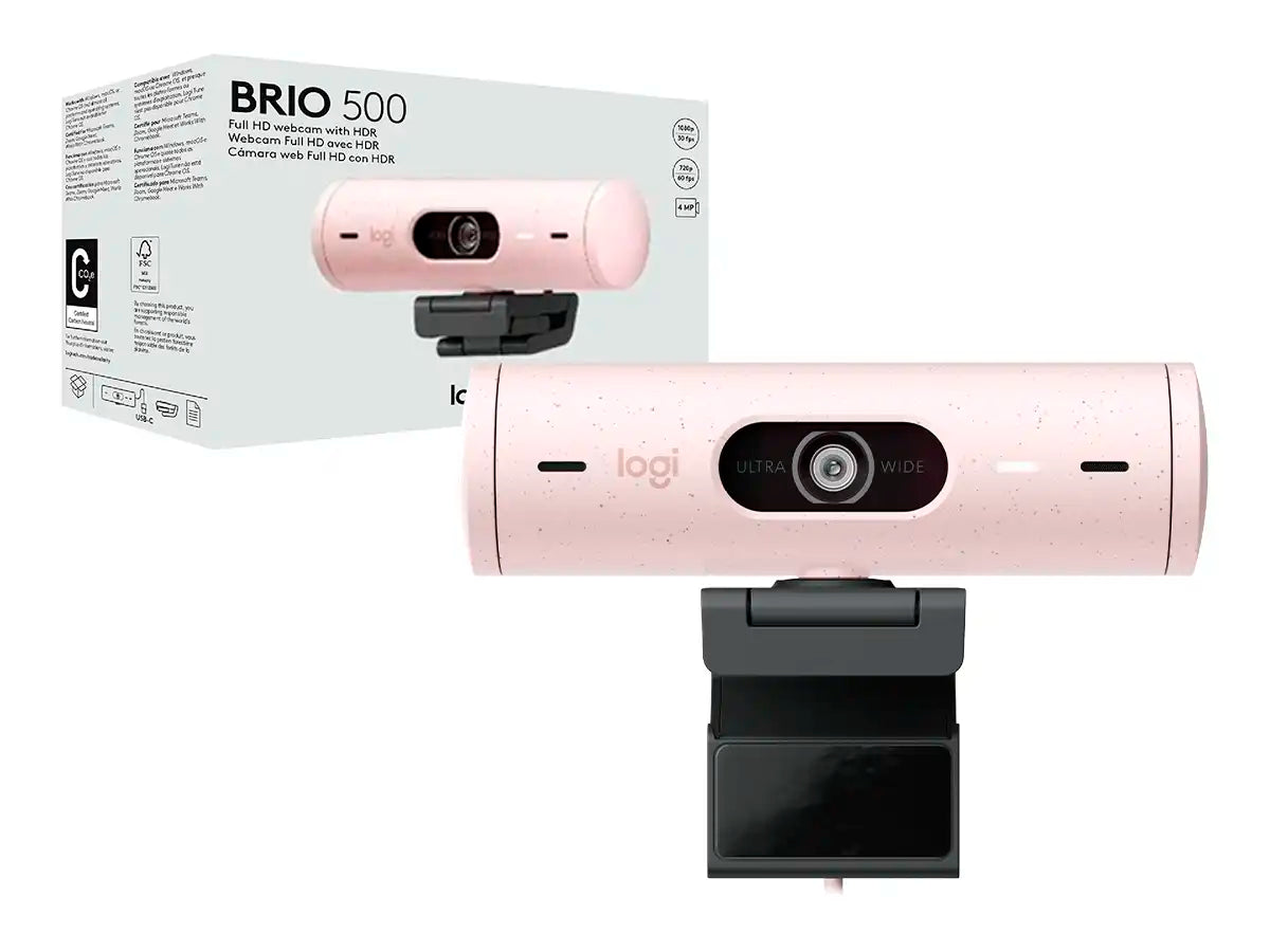 CAMARA WEB LOGITECH BRIO 500 (960-001418) FHD 1920 X 1080, MICRÓFONO INCORPORADO, CONEXION USB C, 4 MEGAPIXELES, LENTE DE CRISTAL, ROSADO