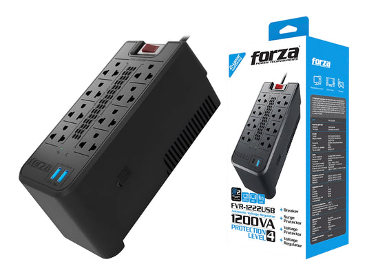 ESTABILIZADOR FORZA 1200VA 8 TOMAS Y 2 PUERTO USB, CAPACIDAD 1200VA / 600W, ENTRADA NEMA 5 -15P, INDICADOR DE LUZ LED, COLOR NEGRO (FVR-1222USB)