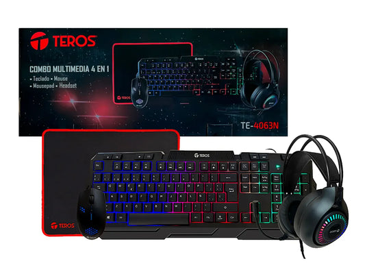 COMBO 4 EN UNO TEROS GAMER TE4063N (KBMSHDSTE4063N) TECLADO LED, MOUSE LED, AURICULAR LED, PAD MOUSE, NEGRO