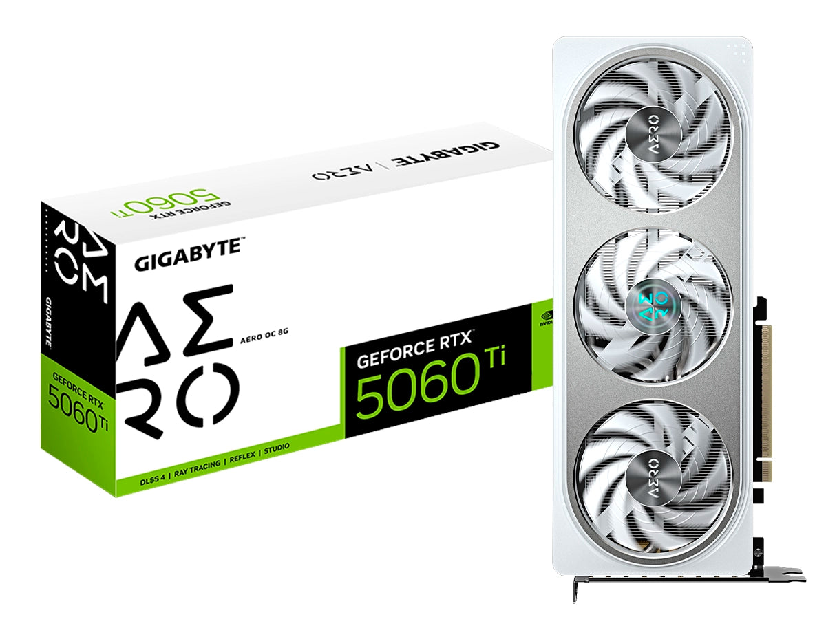 TARJETA DE VIDEO GIGABYTE GEFORCE RTX 5060 TI 8GB AERO OC GDDR7 (GV-N506TAERO OC-8GD) NVIDIA 128 BITS, 3 VENTILADORES, BLANCO