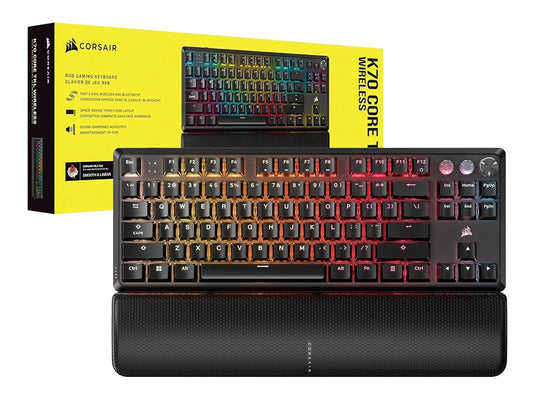 TECLADO GAMER INALAMBRICO CORSAIR K70 CORE WIRELESS (CH-914901E-NA) MECANICO, SWITCH RED, LED RGB, NEGRO, CON REPOSA MANO