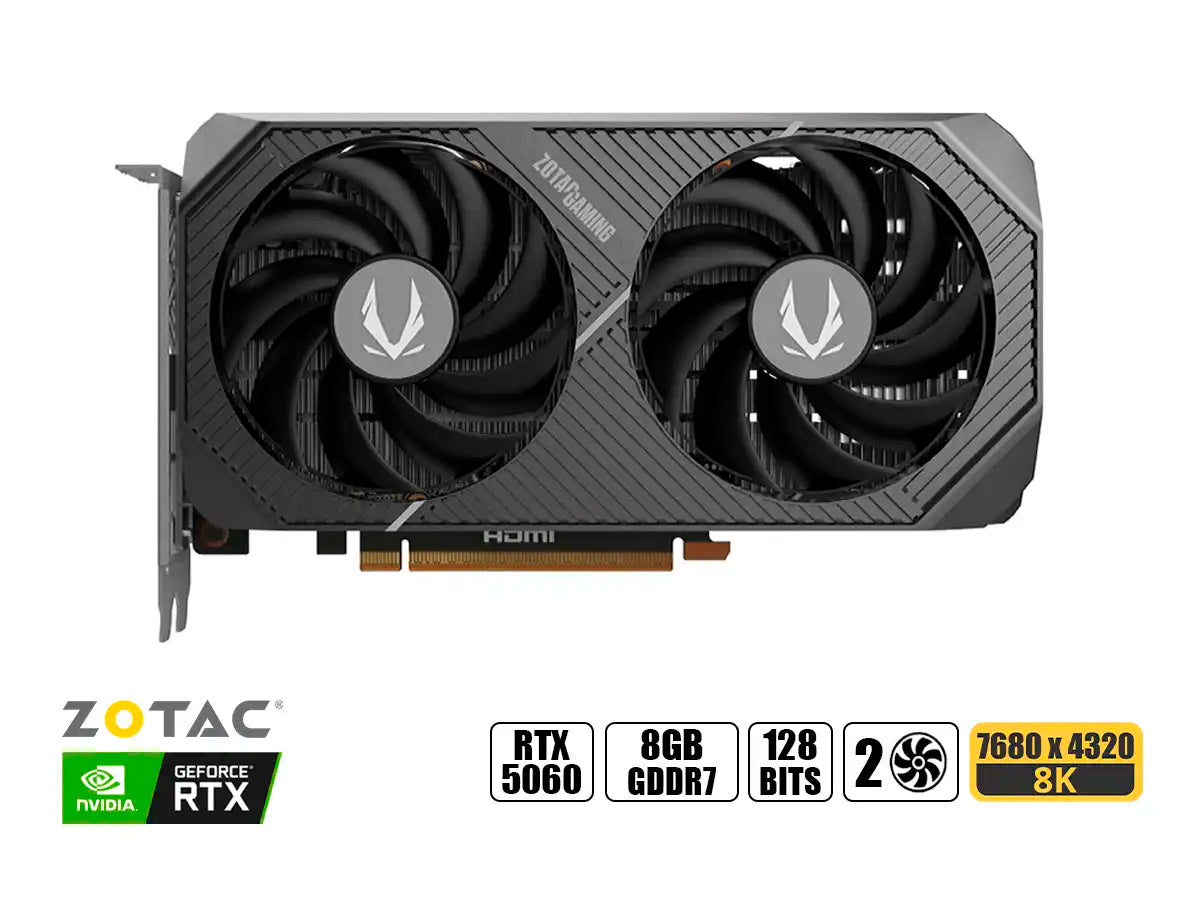 TARJETA DE VIDEO ZOTAC GEFORCE RTX 5060 8GB TWIN EDGE OC GDDR7 (ZT-B50600H-10M) NVIDIA 128 BITS, 2 VENTILADORES