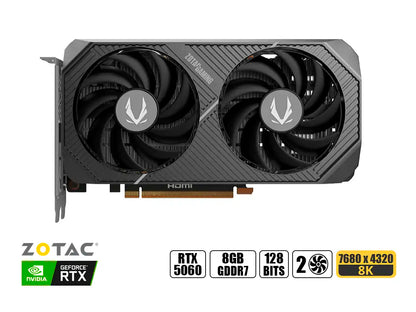 TARJETA DE VIDEO ZOTAC GEFORCE RTX 5060 8GB TWIN EDGE OC GDDR7 (ZT-B50600H-10M) NVIDIA 128 BITS, 2 VENTILADORES