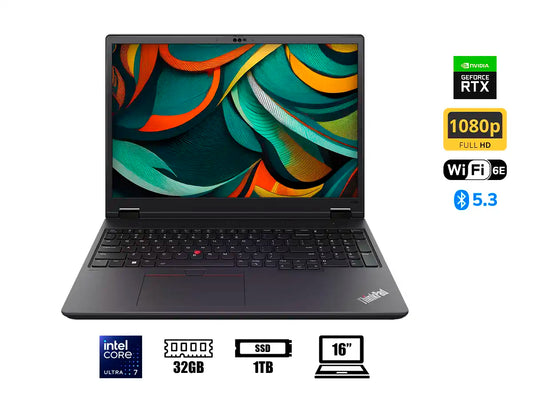 LAPTOP LENOVO CORE ULTRA 7 155H THINKPAD P16V GEN 2 (21KY000NLM) PANTALLA 16 WUXGA, RAM 32GB, SSD 1TB, RTX 1000 ADA 6GB, WIN11 PRO, NEGRO