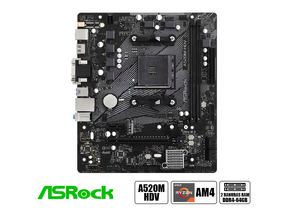 PLACA MADRE ASROCK A520M-HDV (90-MXBE50-A0UAYZ) SOCKET AM4, RAM DDR4 BUSS 4733OC MHZ