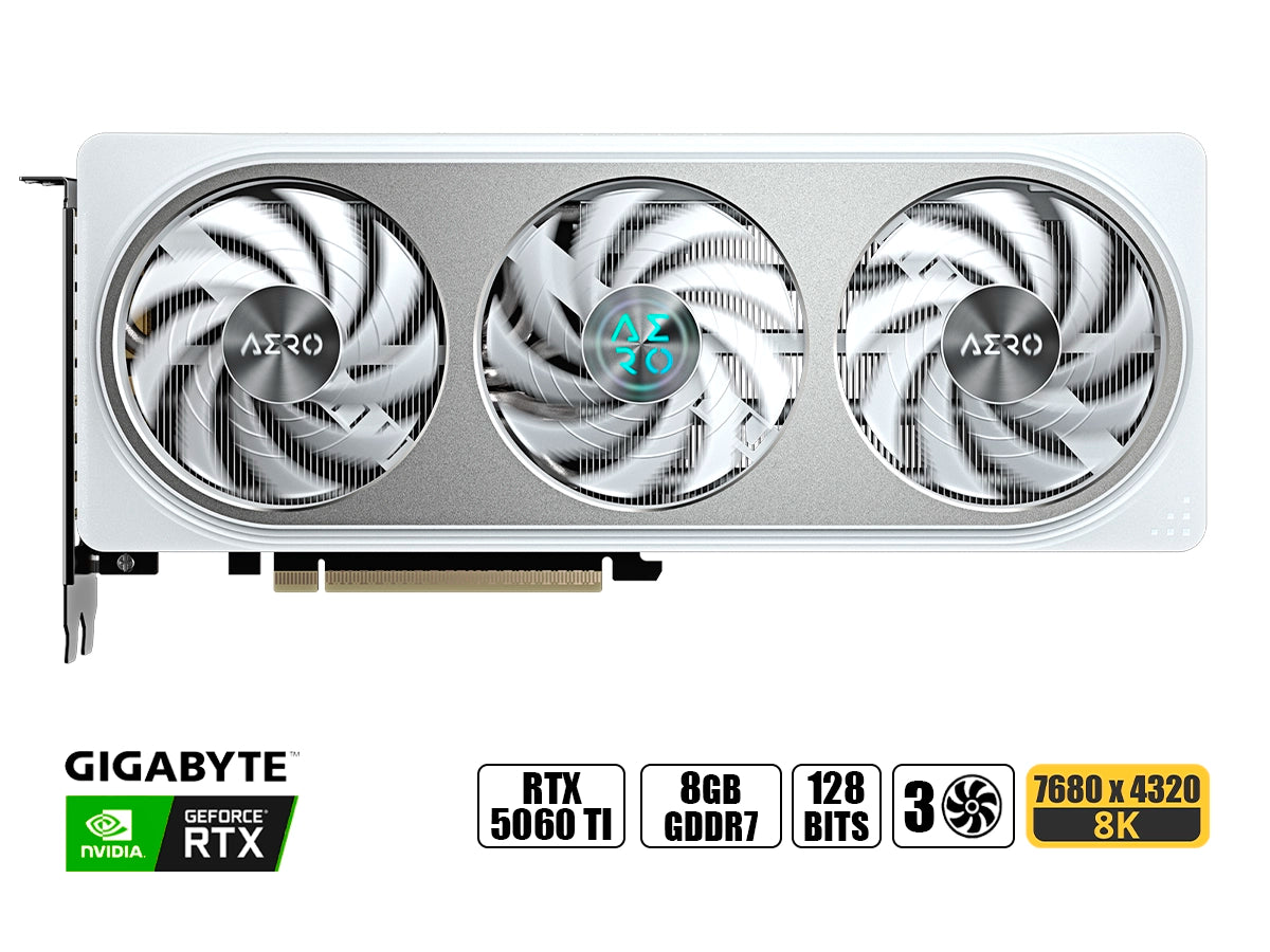 TARJETA DE VIDEO GIGABYTE GEFORCE RTX 5060 TI 8GB AERO OC GDDR7 (GV-N506TAERO OC-8GD) NVIDIA 128 BITS, 3 VENTILADORES, BLANCO