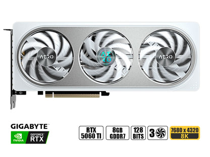 TARJETA DE VIDEO GIGABYTE GEFORCE RTX 5060 TI 8GB AERO OC GDDR7 (GV-N506TAERO OC-8GD) NVIDIA 128 BITS, 3 VENTILADORES, BLANCO