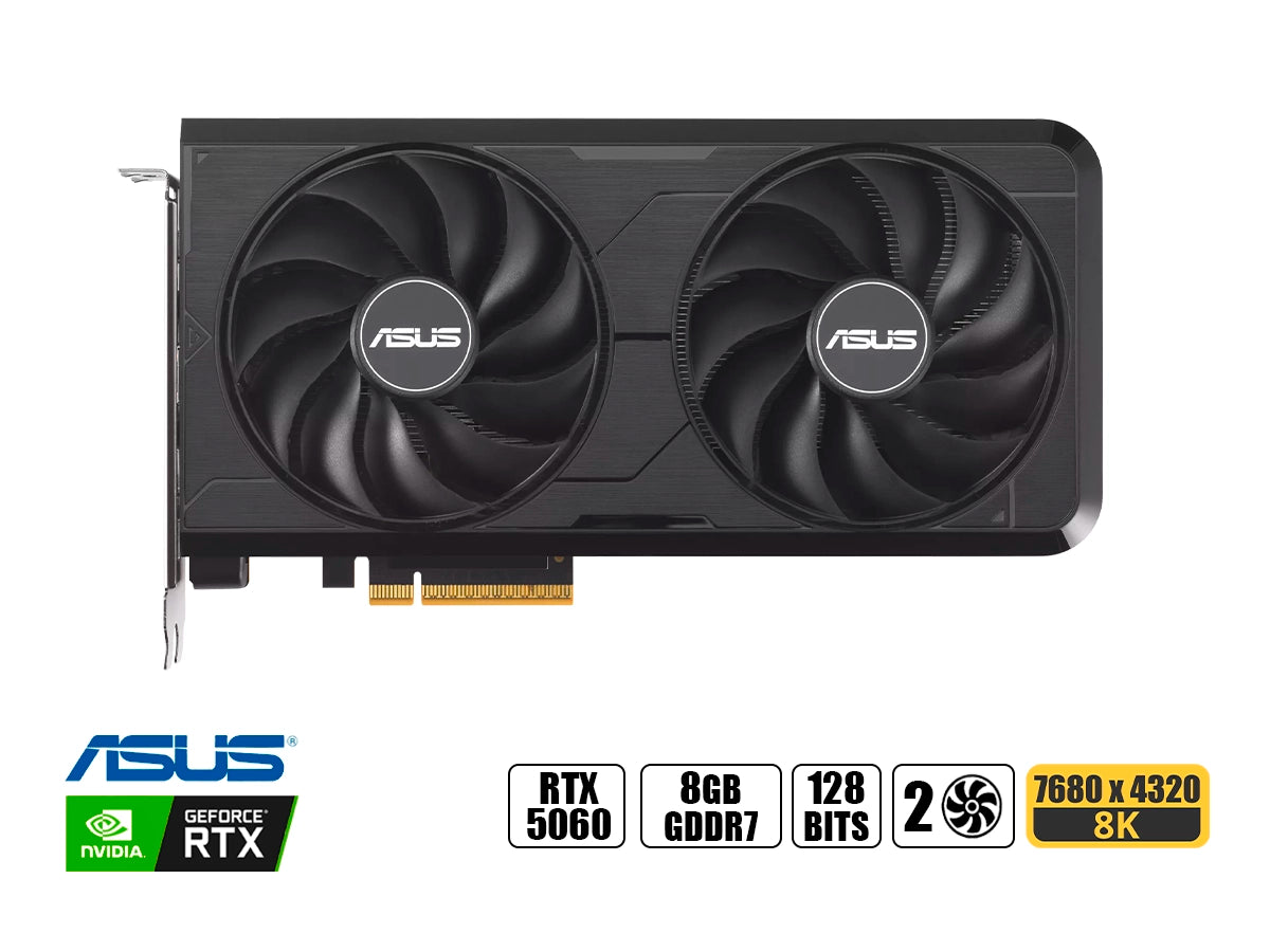 TARJETA DE VIDEO ASUS GEFORCE RTX 5060 EVO 8GB DUAL OC GDDR7 (DUAL-RTX5060-O8G-EVO) NVIDIA 128 BITS, 2 VENTILADORES