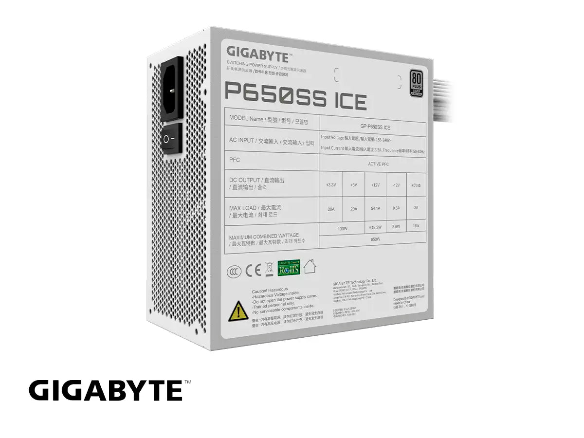 FUENTE GIGABYTE 650W (P650SS ICE) ATX, 80 PLUS SILVER, BLANCO